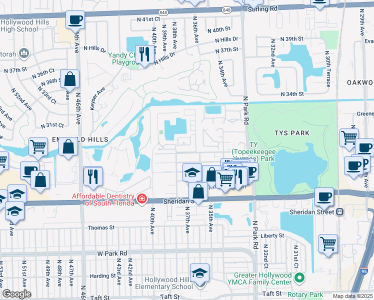 map of restaurants, bars, coffee shops, grocery stores, and more near 3730 Amalfi Drive in Hollywood