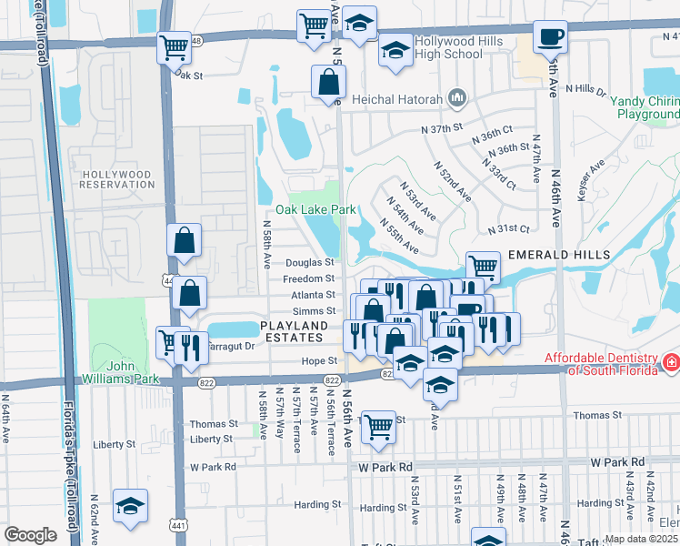 map of restaurants, bars, coffee shops, grocery stores, and more near 5601 Forrest Street in Hollywood