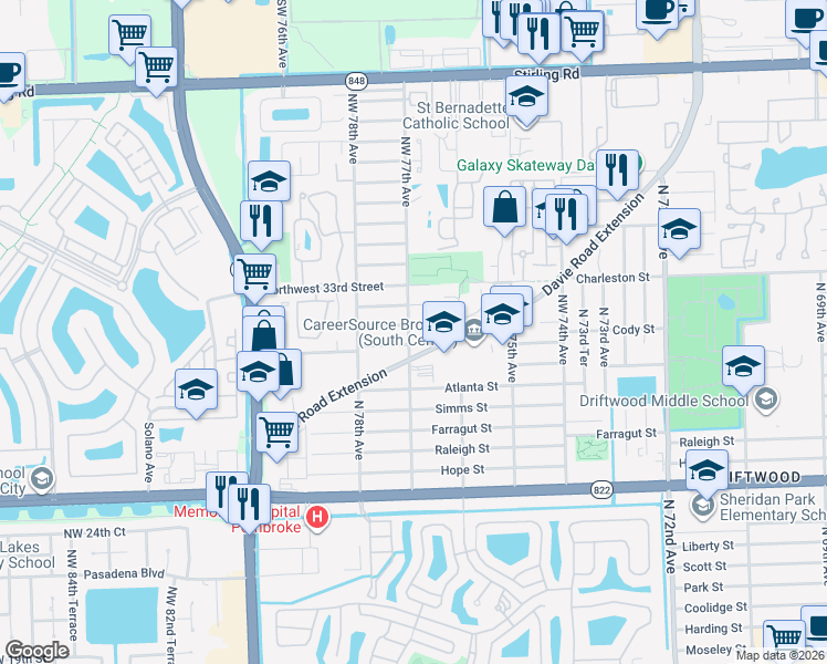 map of restaurants, bars, coffee shops, grocery stores, and more near 7690 Northwest 31st Street in Hollywood