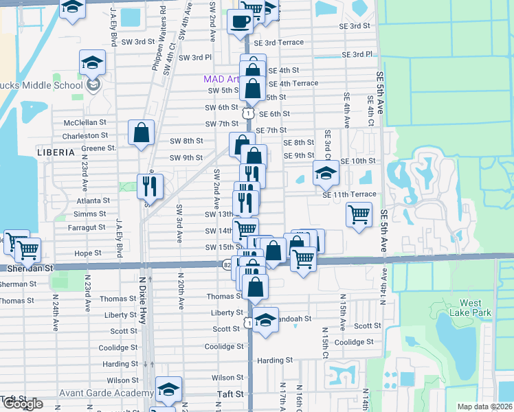 map of restaurants, bars, coffee shops, grocery stores, and more near 1212 South Federal Highway in Dania Beach