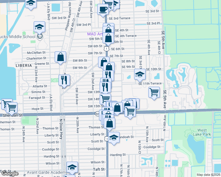 map of restaurants, bars, coffee shops, grocery stores, and more near 1212 South Federal Highway in Dania Beach