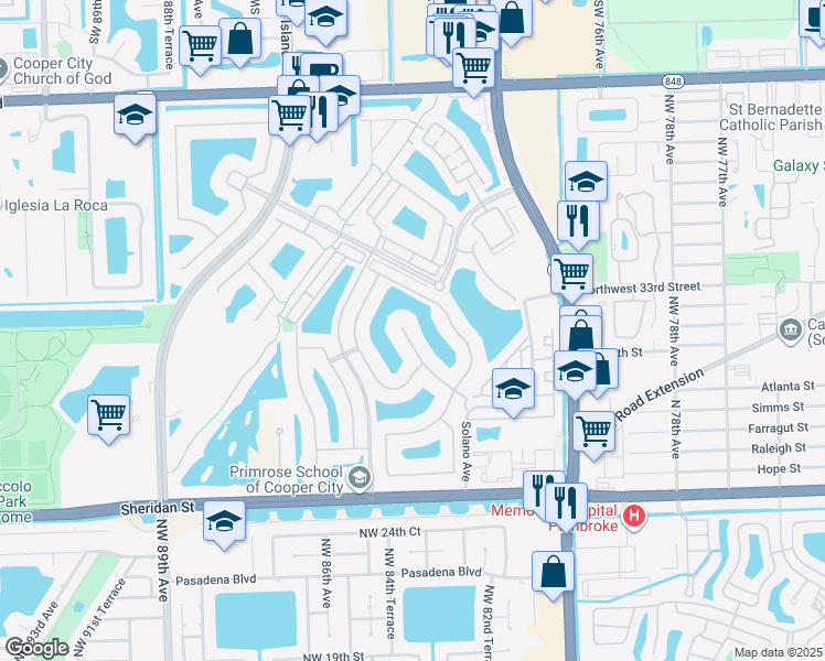 map of restaurants, bars, coffee shops, grocery stores, and more near 3291 Northwest 82nd Way in Pembroke Pines