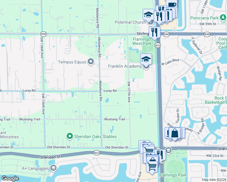 map of restaurants, bars, coffee shops, grocery stores, and more near 12801 Luray Road in Southwest Ranches