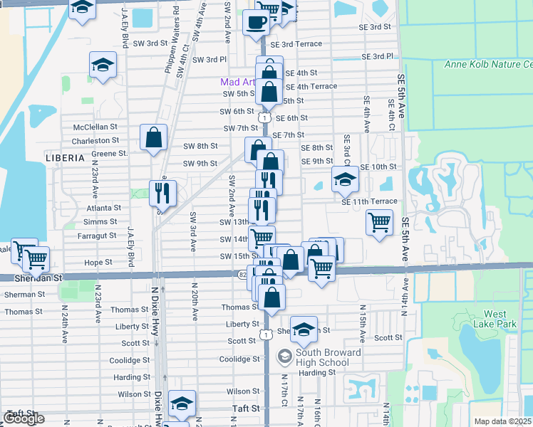 map of restaurants, bars, coffee shops, grocery stores, and more near 1212 South Federal Highway in Dania Beach