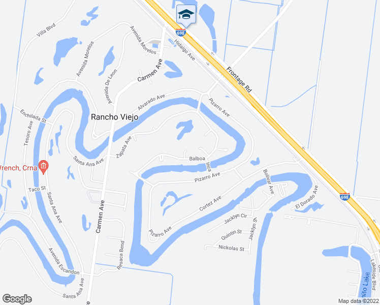 map of restaurants, bars, coffee shops, grocery stores, and more near 611 Balboa Avenue in Olmito