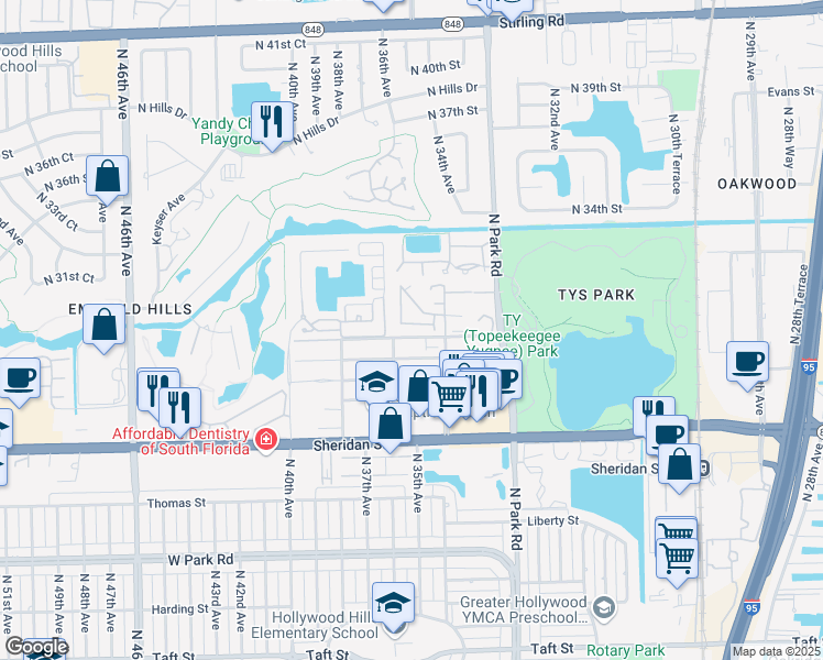 map of restaurants, bars, coffee shops, grocery stores, and more near 2921 North 35th Terrace in Hollywood