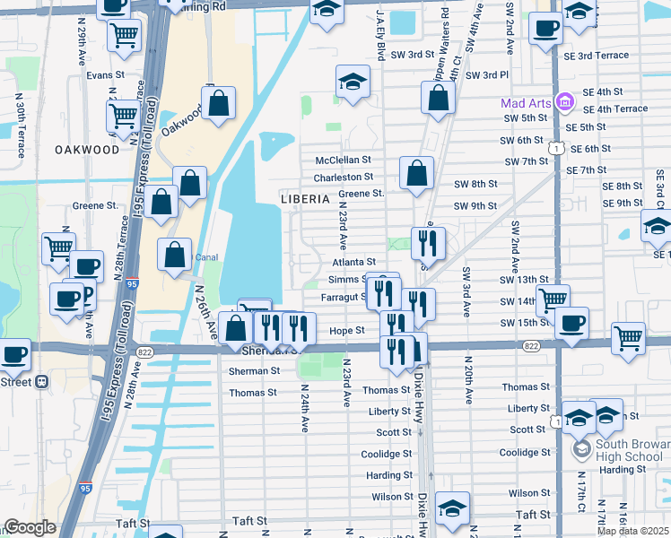map of restaurants, bars, coffee shops, grocery stores, and more near 2314 Atlanta Street in Hollywood