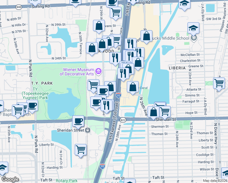 map of restaurants, bars, coffee shops, grocery stores, and more near 3400 North 28th Terrace in Hollywood