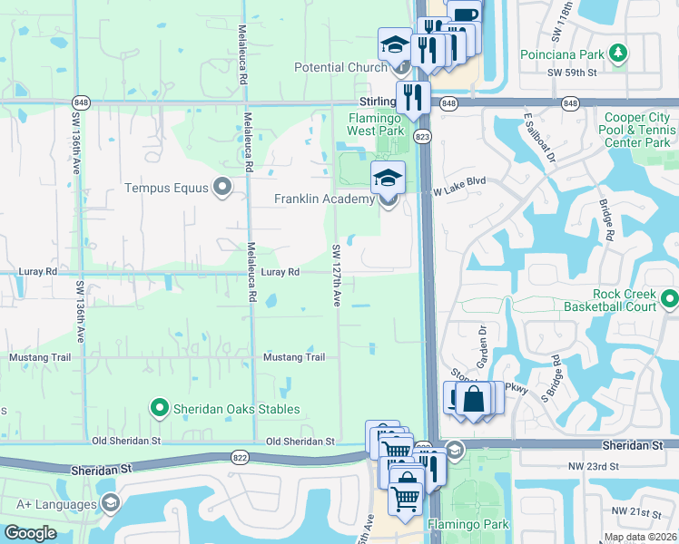 map of restaurants, bars, coffee shops, grocery stores, and more near 6601 Appaloosa Trail in Southwest Ranches