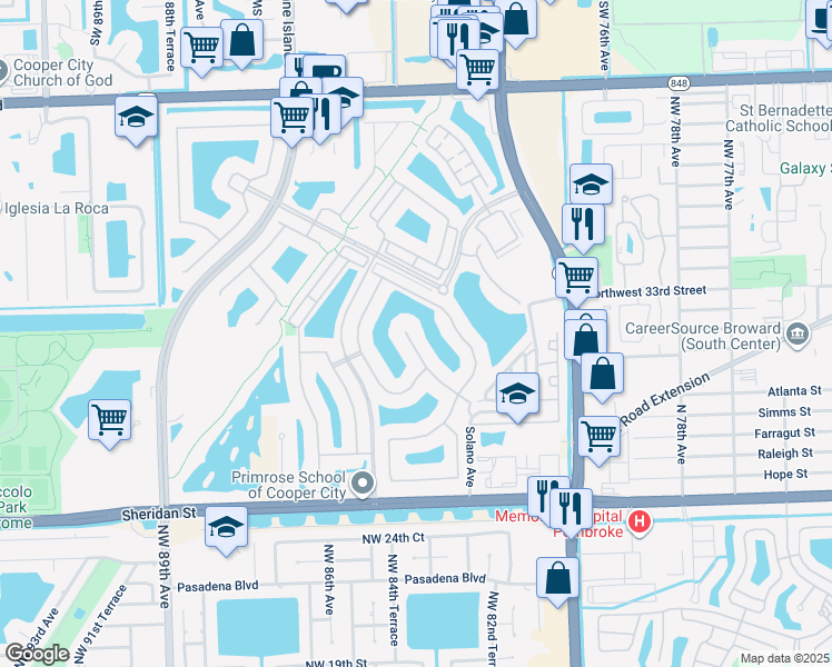 map of restaurants, bars, coffee shops, grocery stores, and more near 3291 Northwest 82nd Way in Pembroke Pines