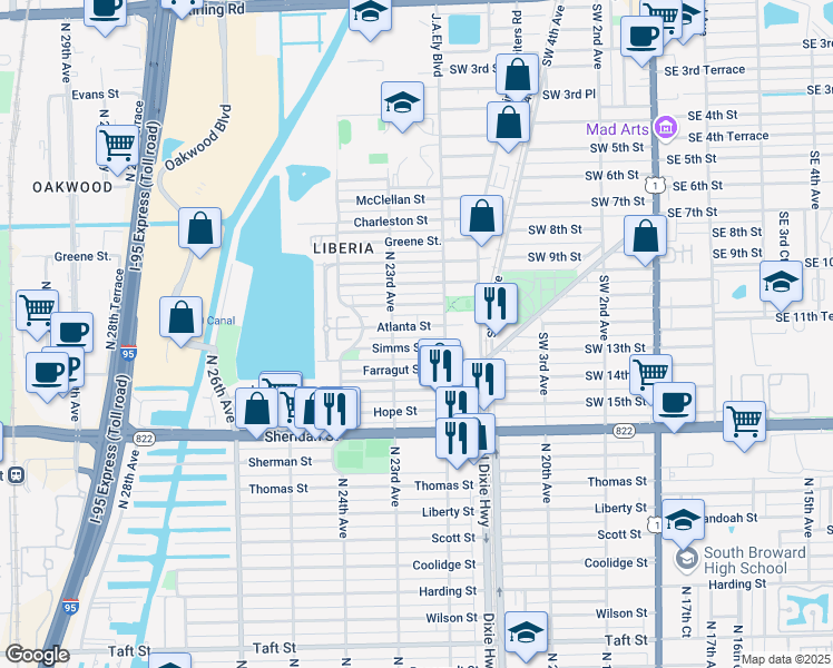 map of restaurants, bars, coffee shops, grocery stores, and more near 2226 Atlanta Street in Hollywood
