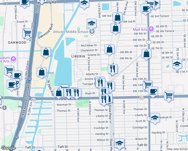 map of restaurants, bars, coffee shops, grocery stores, and more near 2226 Atlanta Street in Hollywood