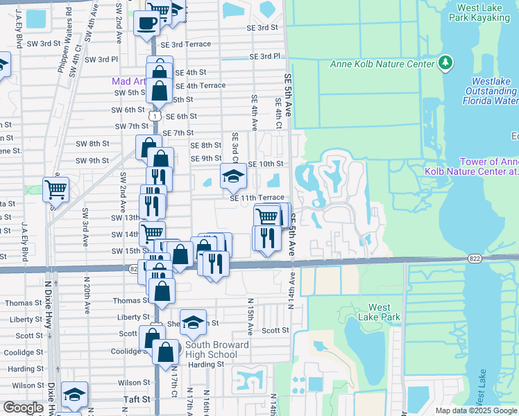 map of restaurants, bars, coffee shops, grocery stores, and more near 430 Southeast 11th Terrace in Dania Beach
