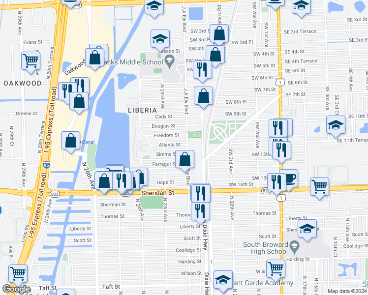 map of restaurants, bars, coffee shops, grocery stores, and more near 2226 Atlanta Street in Hollywood