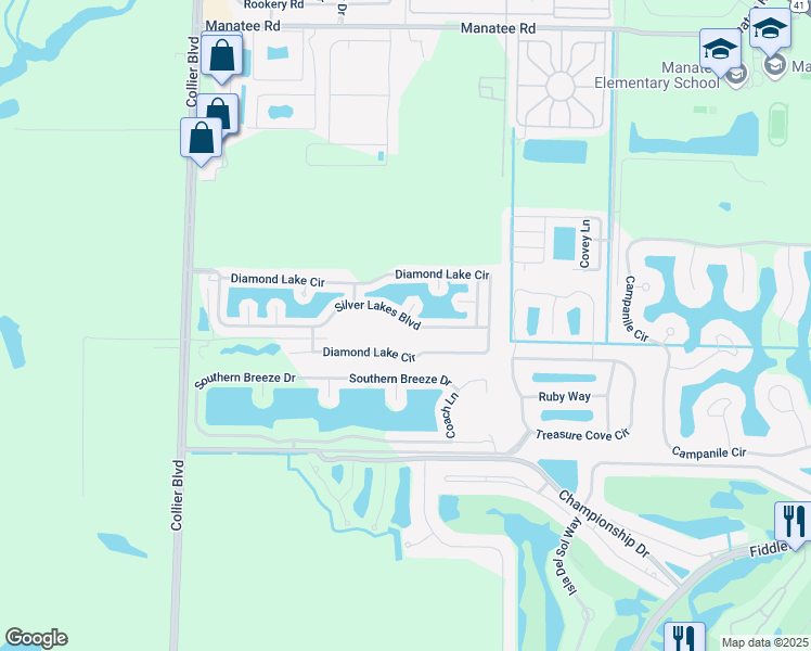 map of restaurants, bars, coffee shops, grocery stores, and more near 1303 Silver Lakes Boulevard in Naples