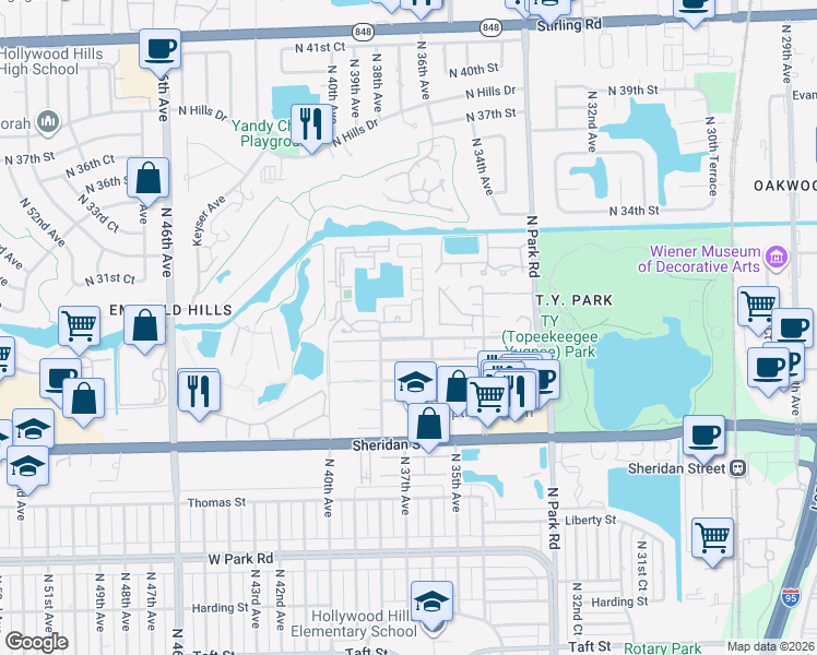 map of restaurants, bars, coffee shops, grocery stores, and more near 3730 Amalfi Drive in Hollywood