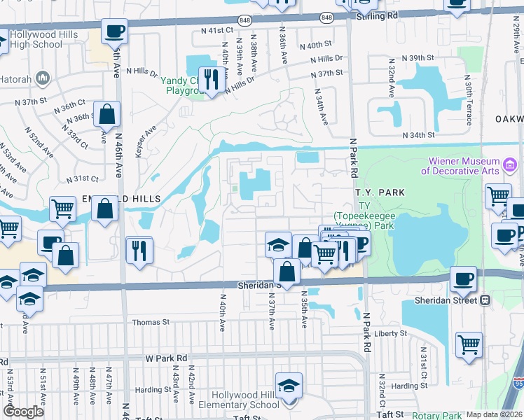map of restaurants, bars, coffee shops, grocery stores, and more near 3730 Amalfi Drive in Hollywood