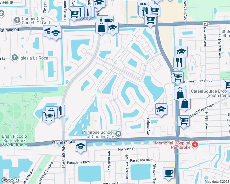 map of restaurants, bars, coffee shops, grocery stores, and more near 3356 Northwest 83rd Way in Pembroke Pines