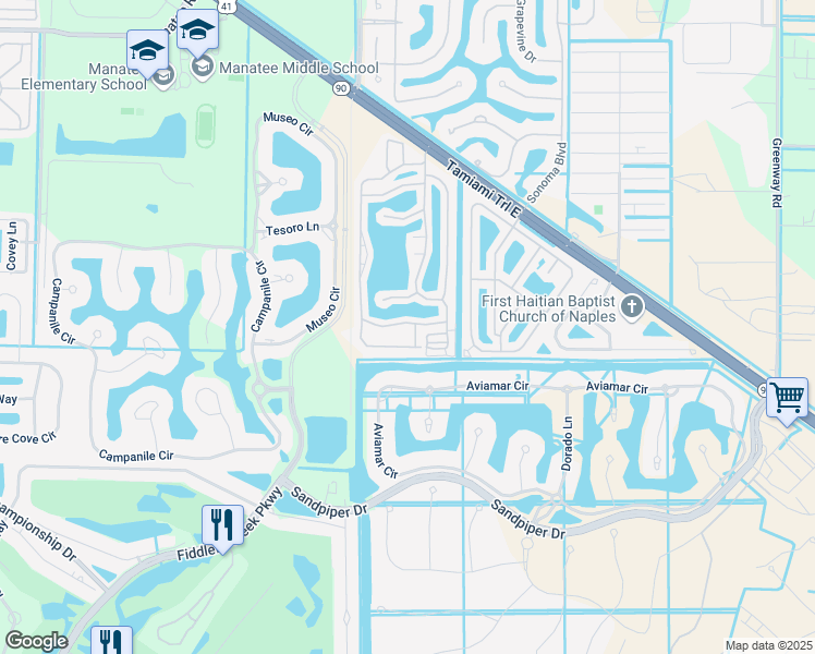 map of restaurants, bars, coffee shops, grocery stores, and more near 490 Cheetah Drive in Naples