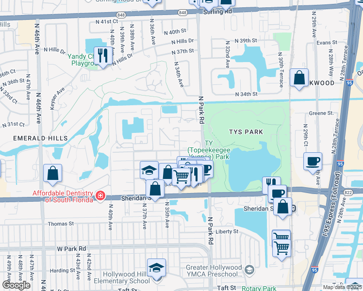 map of restaurants, bars, coffee shops, grocery stores, and more near 3345 Atlanta Street in Hollywood