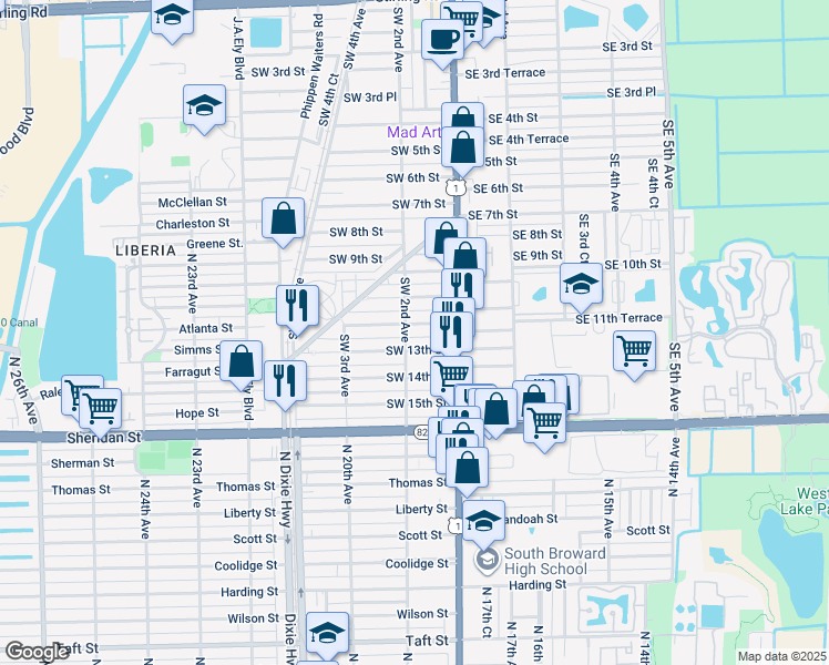 map of restaurants, bars, coffee shops, grocery stores, and more near 55 Southwest 12th Street in Dania Beach
