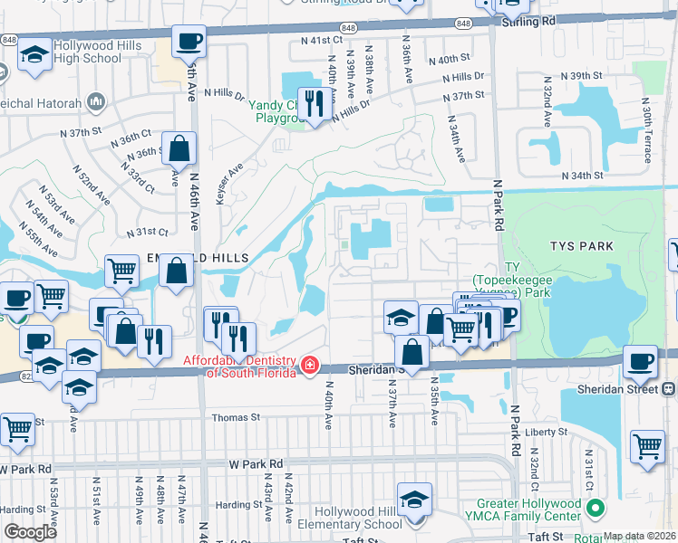 map of restaurants, bars, coffee shops, grocery stores, and more near 3985 Hyde Park Circle in Hollywood