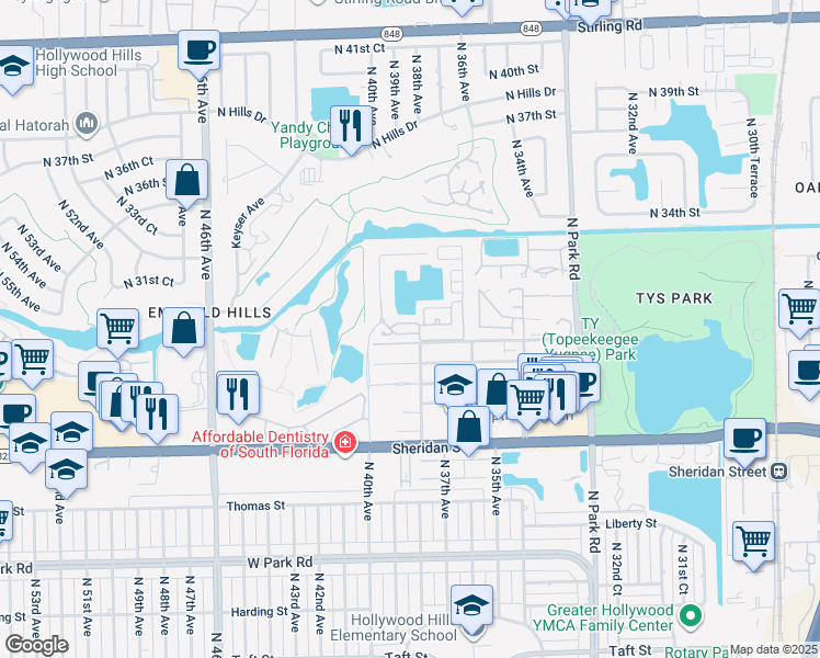 map of restaurants, bars, coffee shops, grocery stores, and more near 3855 Amalfi Drive in Hollywood