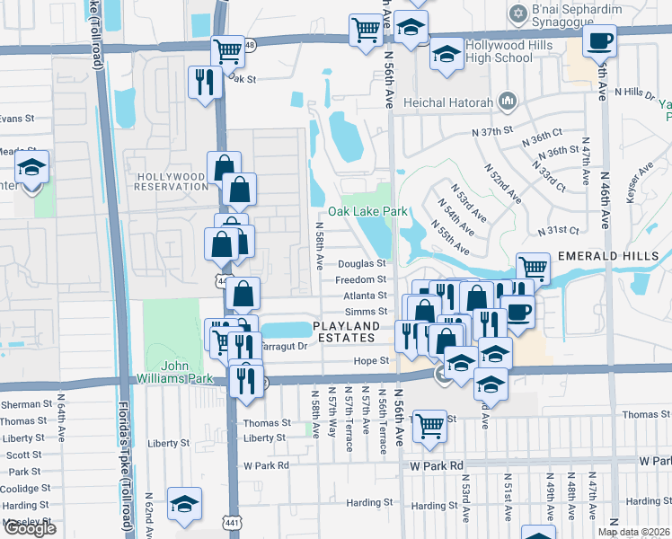 map of restaurants, bars, coffee shops, grocery stores, and more near 5726 Douglas Street in Hollywood