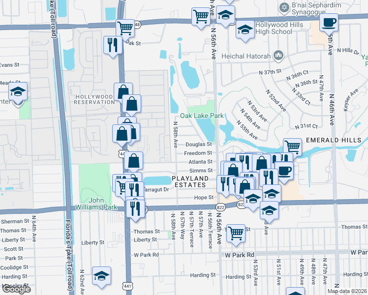 map of restaurants, bars, coffee shops, grocery stores, and more near 5730 North 30th Terrace in Hollywood