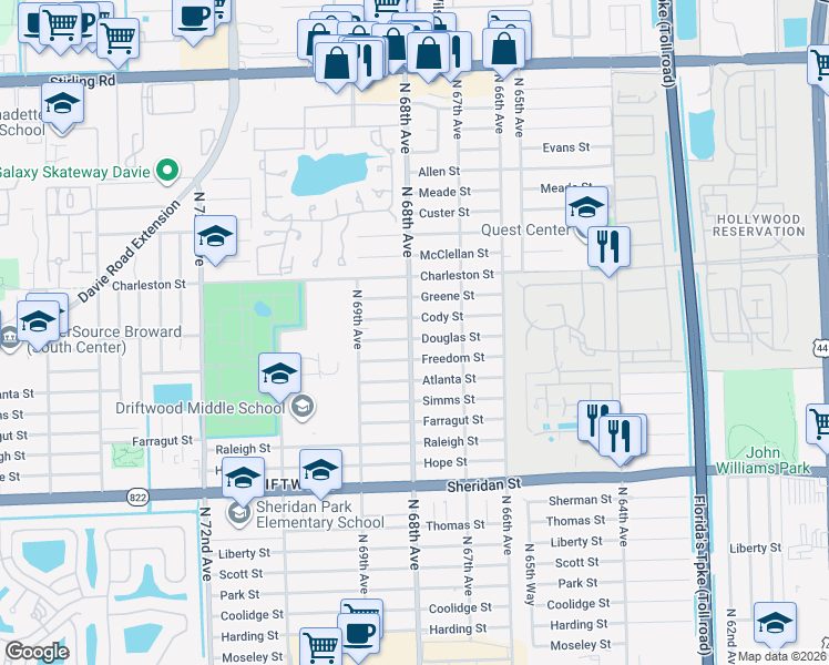 map of restaurants, bars, coffee shops, grocery stores, and more near 6791 Douglas St in Hollywood