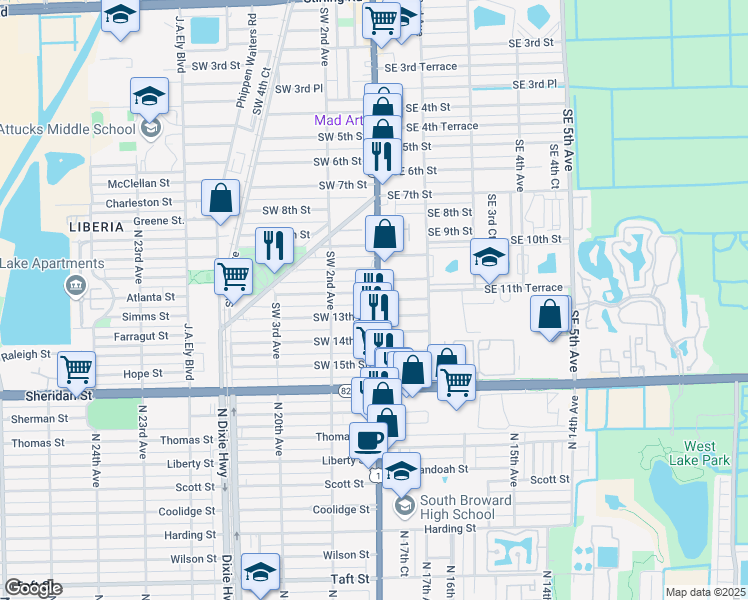 map of restaurants, bars, coffee shops, grocery stores, and more near 1212 South Federal Highway in Dania Beach