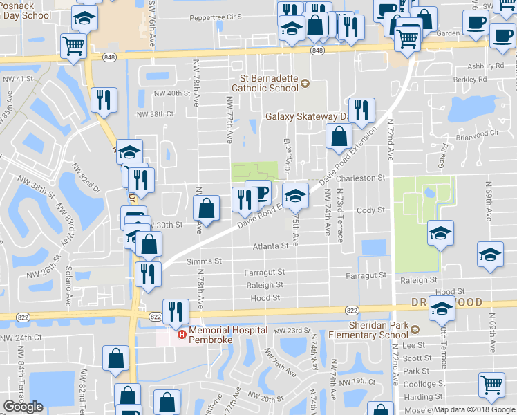 map of restaurants, bars, coffee shops, grocery stores, and more near 7651 Davie Road Extension in Hollywood