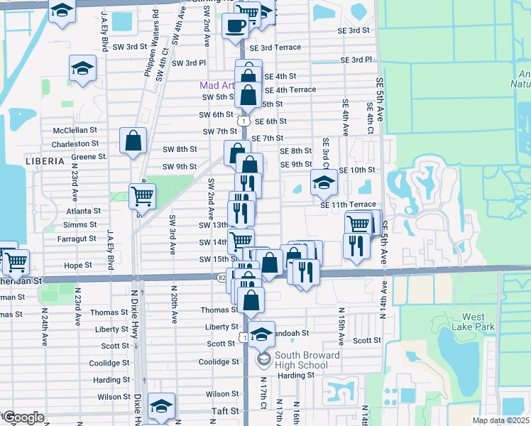 map of restaurants, bars, coffee shops, grocery stores, and more near 35 Southeast 12th Street in Dania Beach