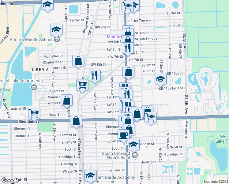 map of restaurants, bars, coffee shops, grocery stores, and more near 55 Southwest 12th Street in Dania Beach