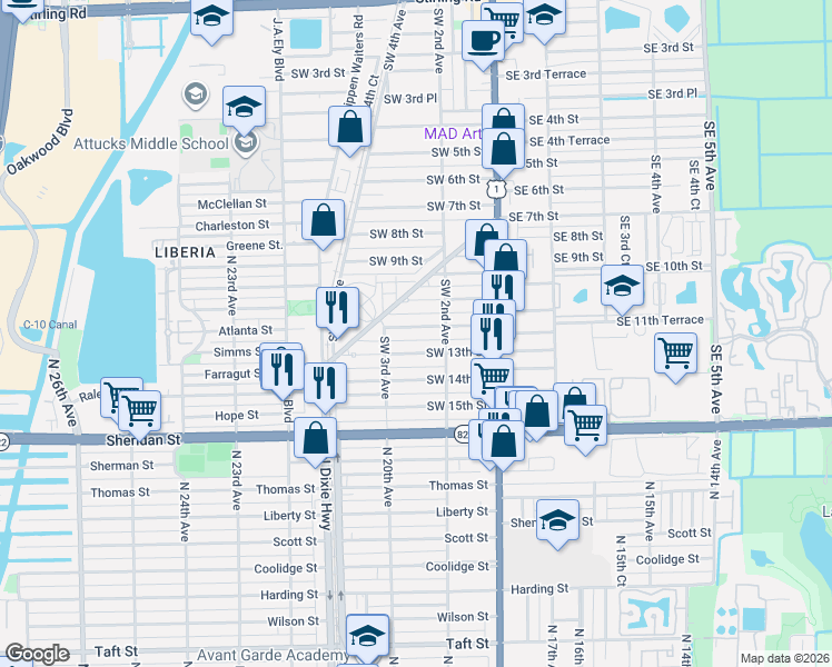 map of restaurants, bars, coffee shops, grocery stores, and more near 237 Southwest 12th Street in Dania Beach