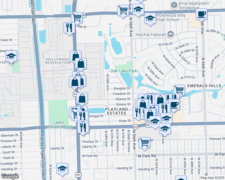 map of restaurants, bars, coffee shops, grocery stores, and more near 5730 North 30th Terrace in Hollywood