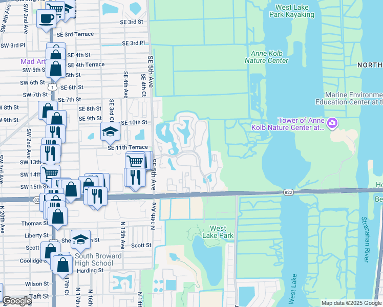map of restaurants, bars, coffee shops, grocery stores, and more near 650 Southeast 12th Street in Dania Beach