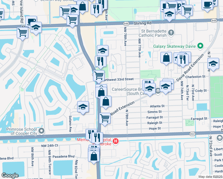map of restaurants, bars, coffee shops, grocery stores, and more near 3251 Sabal Palm Manor in Hollywood