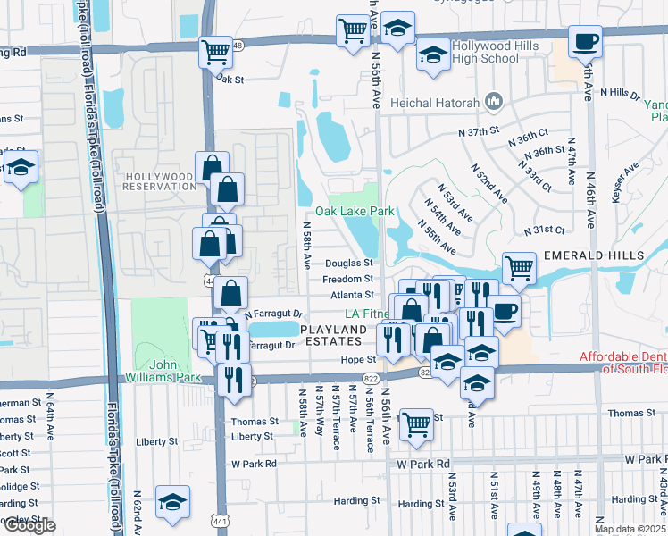 map of restaurants, bars, coffee shops, grocery stores, and more near 5710 Douglas Street in Hollywood