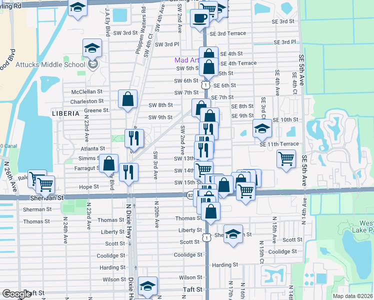 map of restaurants, bars, coffee shops, grocery stores, and more near 55 Southwest 12th Street in Dania Beach