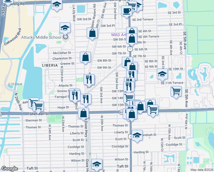 map of restaurants, bars, coffee shops, grocery stores, and more near 237 Southwest 12th Street in Dania Beach