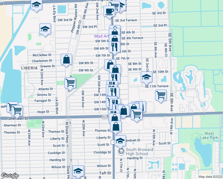map of restaurants, bars, coffee shops, grocery stores, and more near 1212 South Federal Highway in Dania Beach