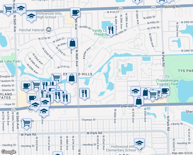 map of restaurants, bars, coffee shops, grocery stores, and more near 4301 Sanders Street in Hollywood