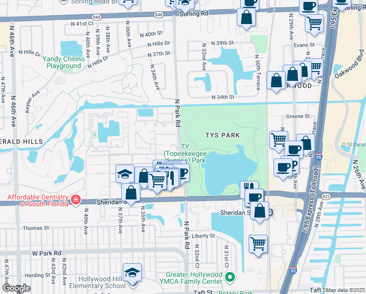 map of restaurants, bars, coffee shops, grocery stores, and more near 3300 North Park Road in Hollywood