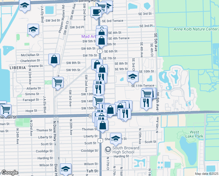 map of restaurants, bars, coffee shops, grocery stores, and more near 35 Southeast 12th Street in Dania Beach