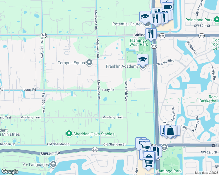 map of restaurants, bars, coffee shops, grocery stores, and more near 12801 Luray Road in Southwest Ranches