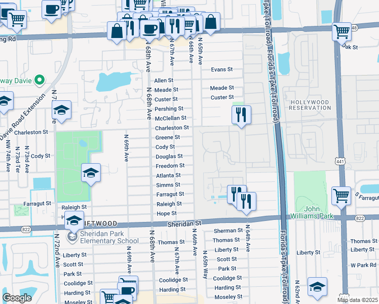 map of restaurants, bars, coffee shops, grocery stores, and more near 6611 Douglas Street in Hollywood