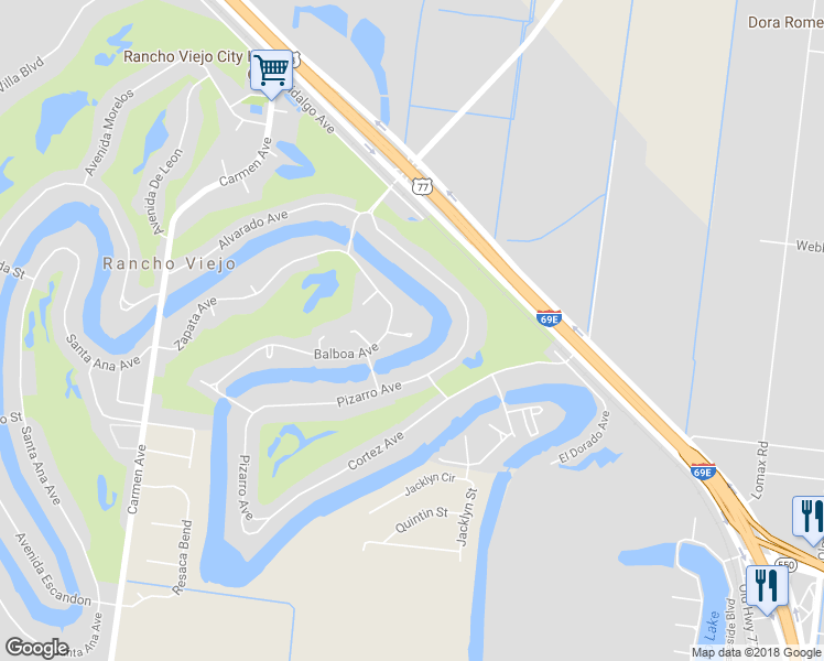 map of restaurants, bars, coffee shops, grocery stores, and more near 320 Balboa Avenue in Olmito