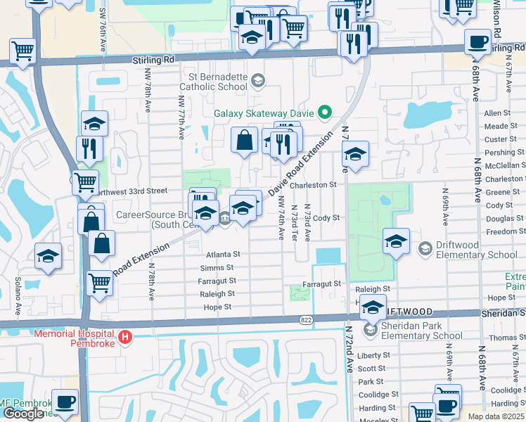 map of restaurants, bars, coffee shops, grocery stores, and more near 7450 Davie Road Extension in Hollywood