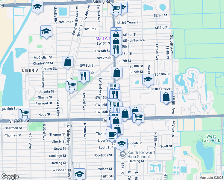 map of restaurants, bars, coffee shops, grocery stores, and more near 1212 South Federal Highway in Dania Beach